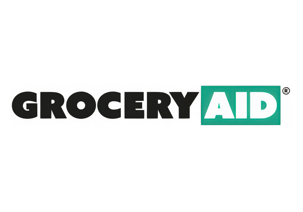 GroceryAid logo with bold black and teal text on white background